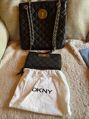 DKNY Black Quilted Shoulder Bag with Chain Straps and Matching Wallet